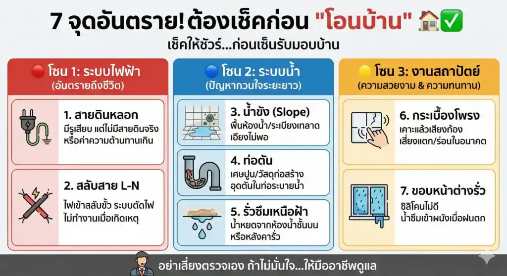 infographic,7จุดอันตรายที่ต้องเช็คก่อนรับโอนบ้าน,ระบบไฟฟ้า ตรวจสายดิน สาย L-N,ระบบน้ำ ตรวจ slope ท่อระบายน้ำ น้ำรั่วซึม,งานสถาปัตยกรรม ตรวจพื้นกระเบื้อง ขอบหน้าต่าง ขอบประตู